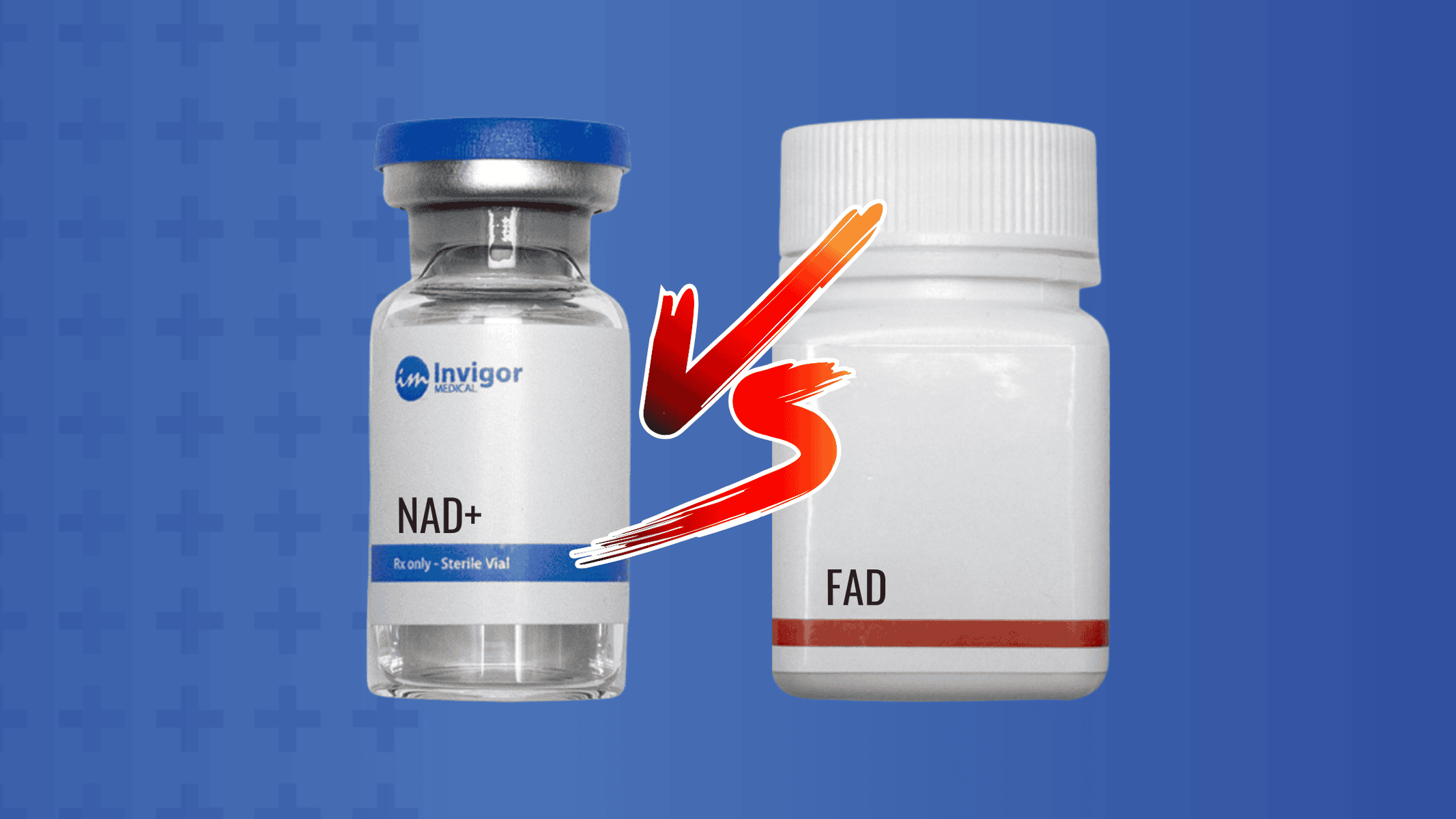 A vial of NAD+ vs a bottle of FAD pills